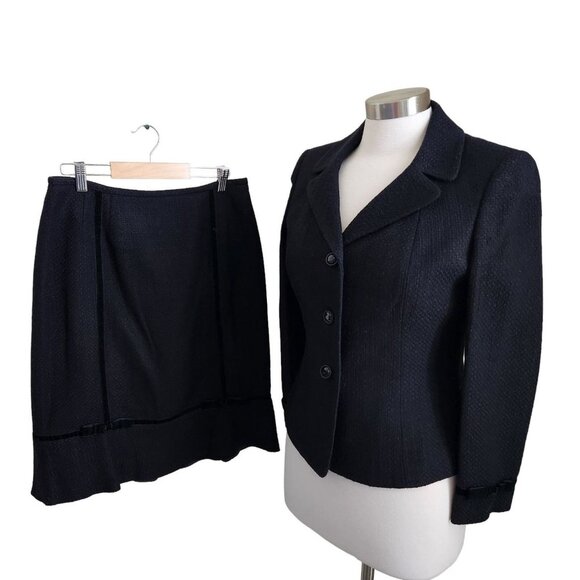 Le Suit Plaid 2 Piece Set Skirt Suit Black Size 6 P Tweed Velvet Trim - Picture 1 of 16